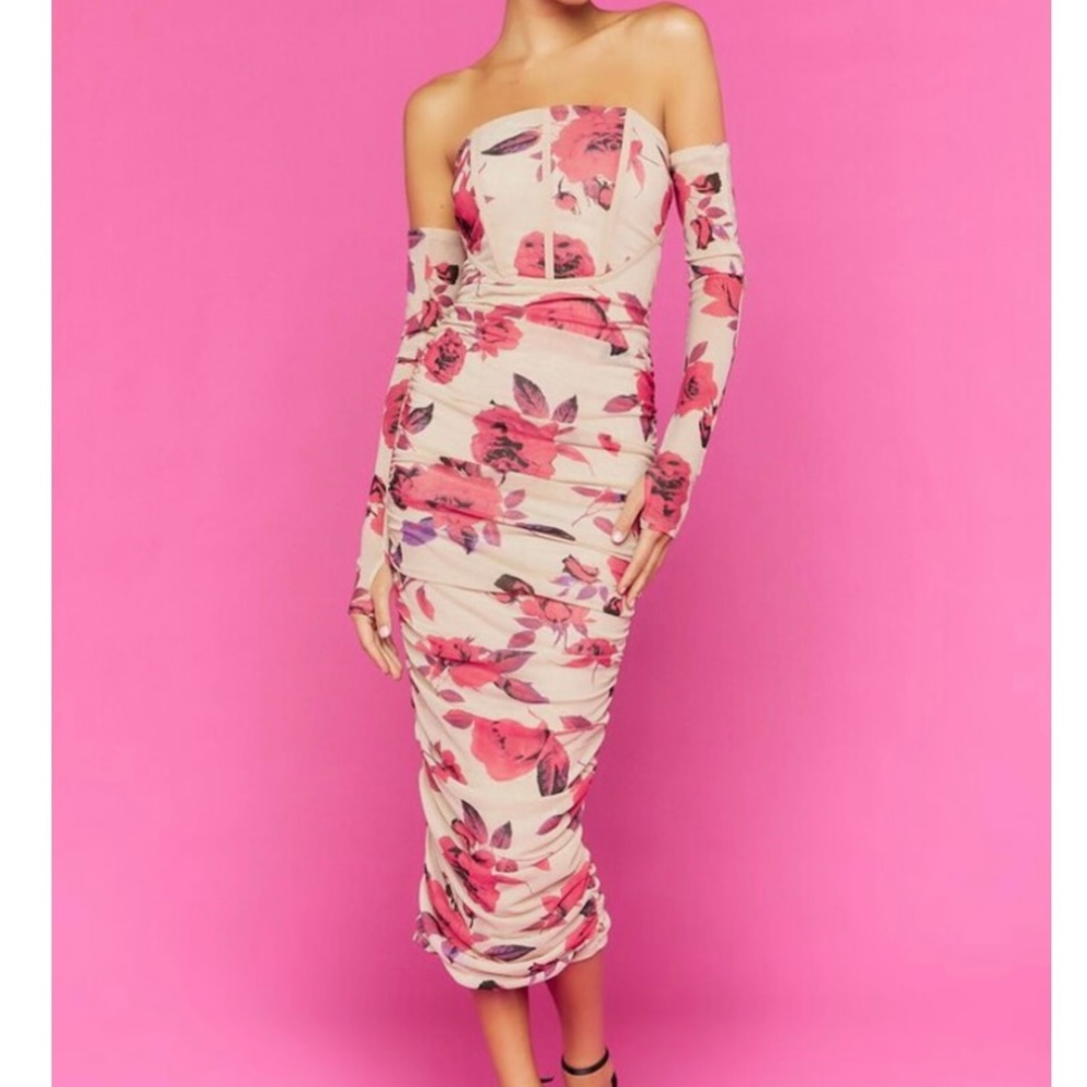Floral Mesh Midi Dress & Glove Set
